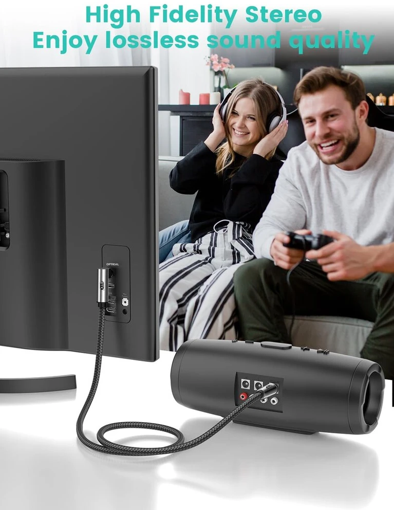 Emk 90 laipsnių optinis kabelis, optinis audio kabelis, toslink kabelis, šviesolaidinis kabelis namų kinui, televizoriui, soundbar'ui, žaidimų konsolei, blu-ray grotuvui, garsiakalbiui, projektoriui, stiprintuvui (2 metrai)