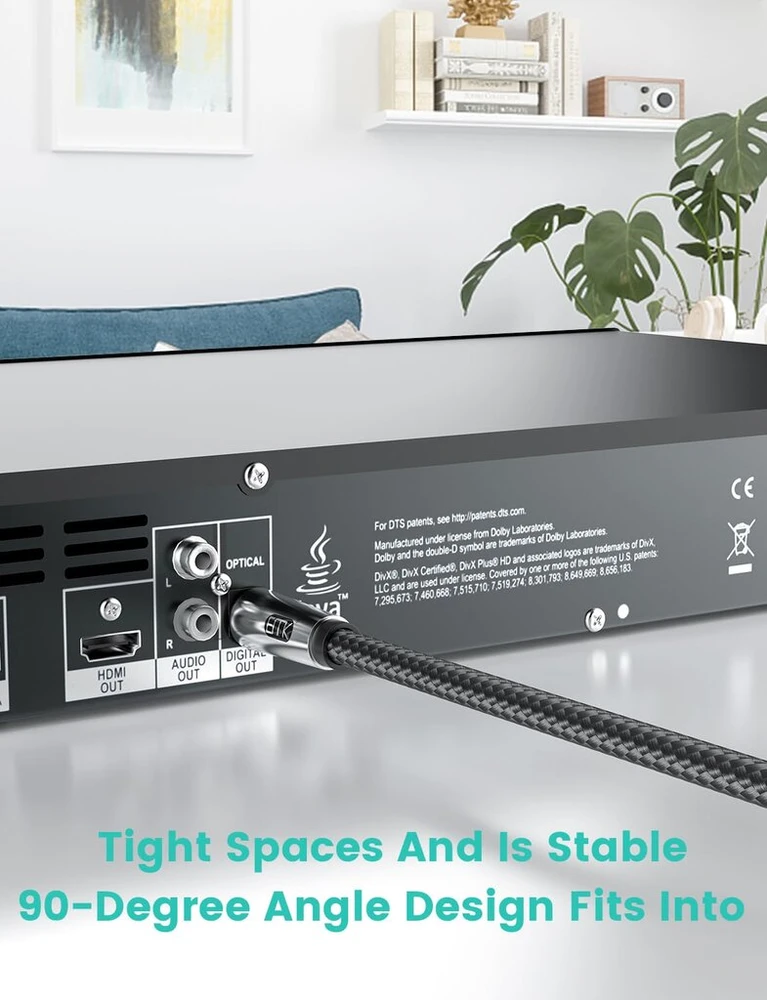 Emk 90 laipsnių optinis kabelis, optinis audio kabelis, toslink kabelis, šviesolaidinis kabelis namų kinui, televizoriui, soundbar'ui, žaidimų konsolei, blu-ray grotuvui, garsiakalbiui, projektoriui, stiprintuvui (2 metrai)