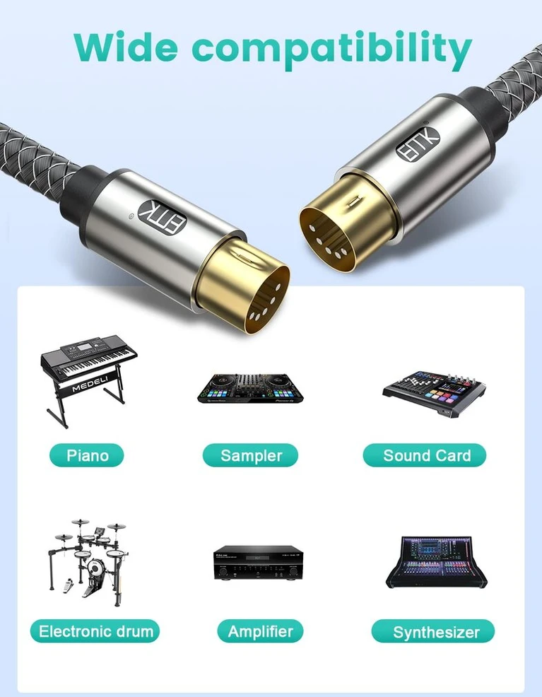Stiprintuvas Emk midi kabelis, 5 kontaktų nailono pintas midi kabelis, suderinamas su midi klaviatūra, sintezatoriumi, gitaros multiefektais, sempleriu, išorine garso plokšte, garso mikšeriu, garso stiprintuvu (2 vnt., 1 m)
