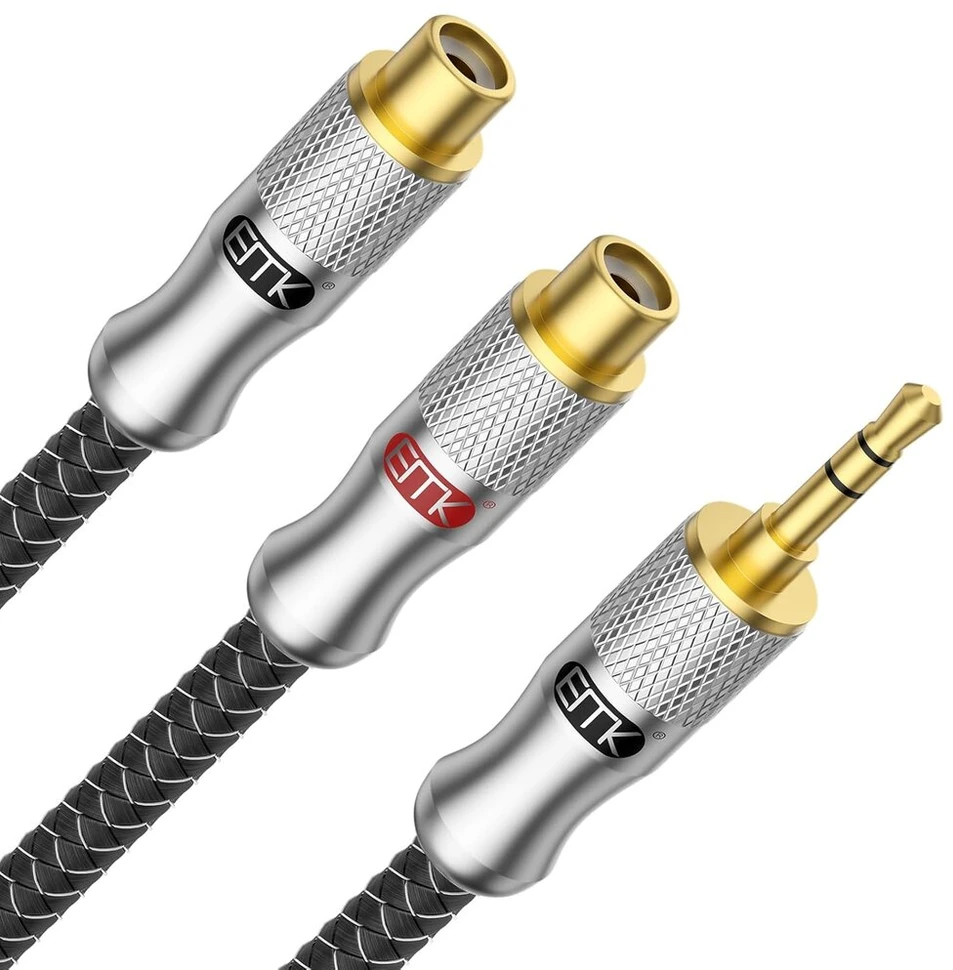 Emk stereo audio kabelis 3.5mm male į 2 rca female paauksuotas rca y skirstytuvas išmaniesiems telefonams mp3 planšetiniams kompiuteriams hifi stereo 0.3m