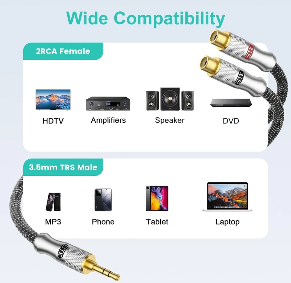 Emk stereo audio kabelis 3.5mm male į 2 rca female paauksuotas rca y skirstytuvas išmaniesiems telefonams mp3 planšetiniams kompiuteriams hifi stereo 0.3m