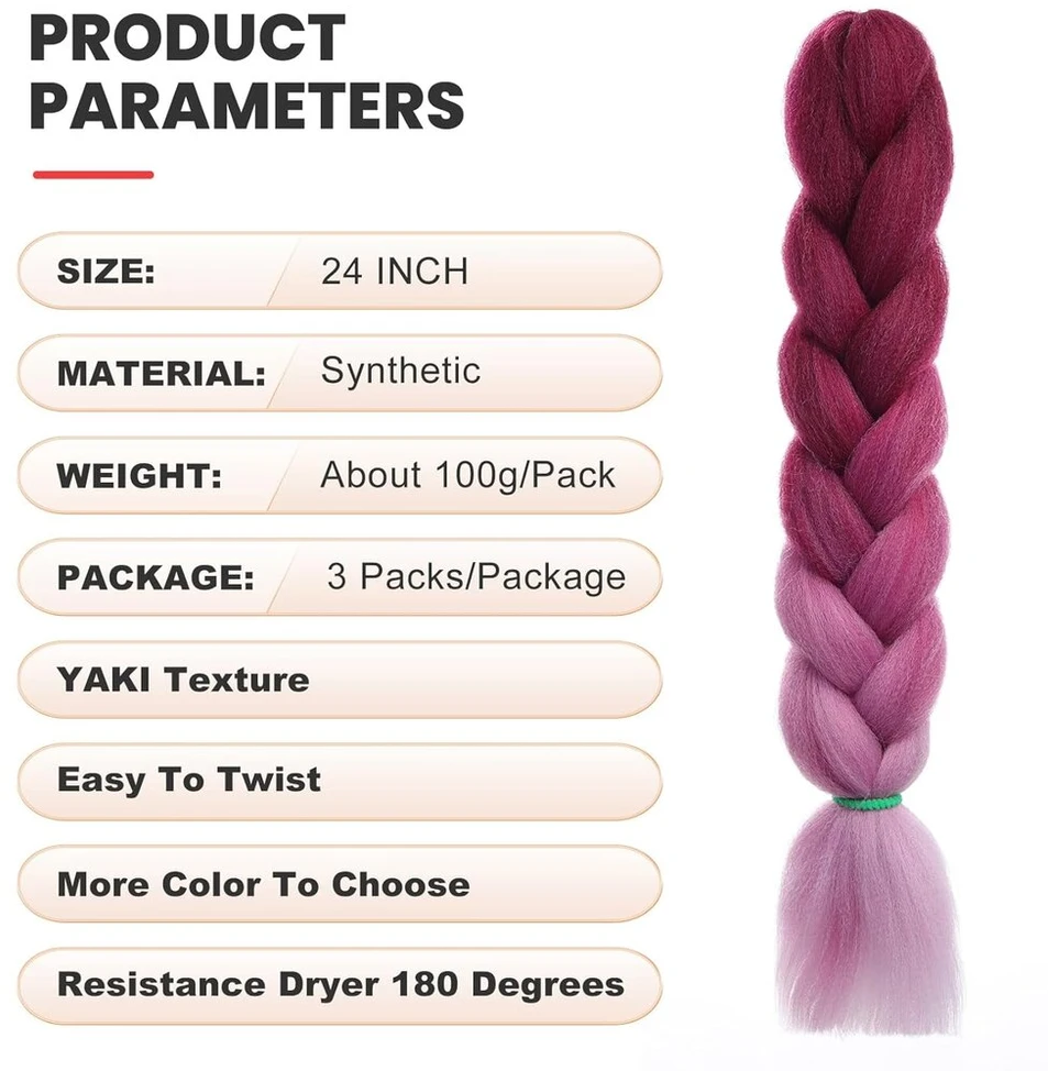 Emmor jumbo plaukų pynimo priauginimas, 60 cm, aukštai temperatūrai atsparios sintetinės skaidulos, 3 pakuočių iš anksto ištemptos box braids, plaukų pynimas, twist braids, nėrimas (ombre red)