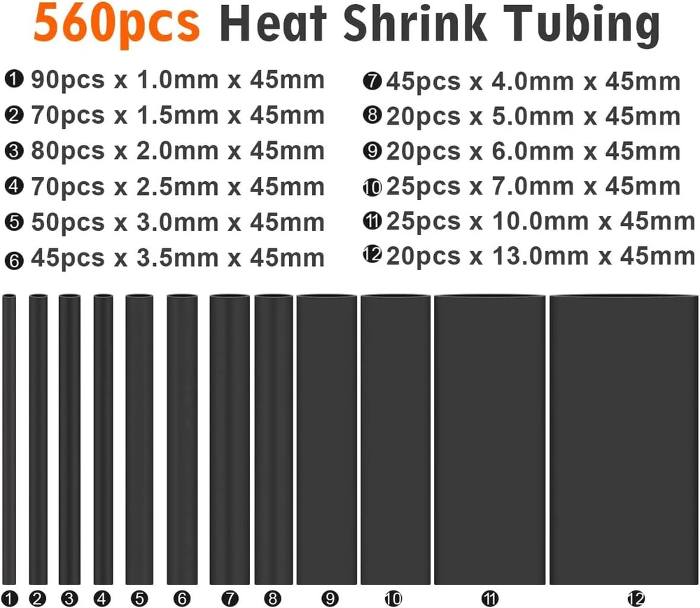 Emnimq 3:1 susitraukimo santykio rinkinys, 560, termiškai susitraukiantis vamzdelis su klijais, su 12 dydžių, nuo 1 iki 13 mm skersmens, termiškai susitraukiantys vamzdeliai, atsparūs vandeniui, vandeniui atstumiantys ir atsparūs lūžiams