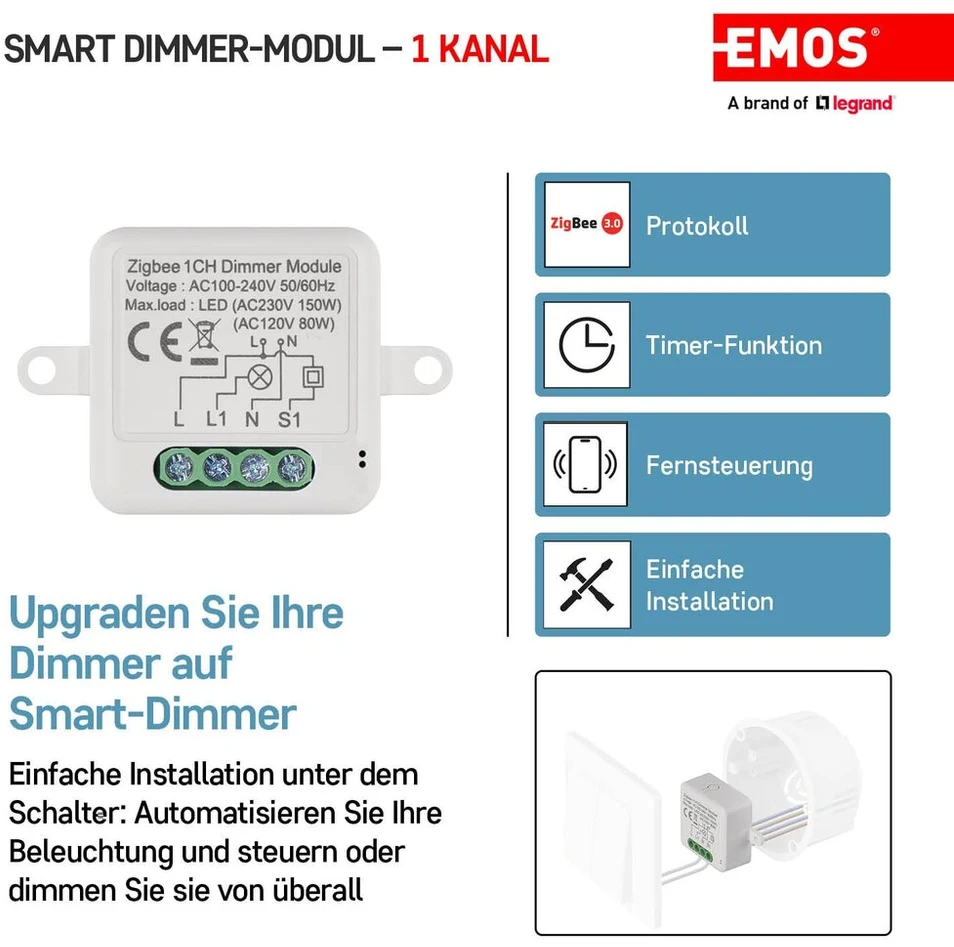 Emos gosmart dimerio modulis/zigbee išmanusis jungiklis su programėle, reguliuojamas potinkinis dimerio jungiklis nuotoliniam valdymui, valdymas balsu su alexa ir google home, vienam jungikliui