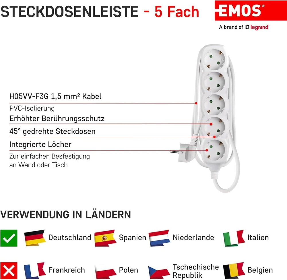 Emos prailgintuvas su 5 Schuko lizdais, 1.5m