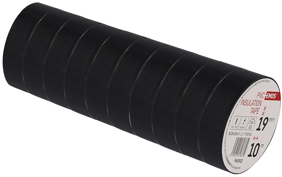 Emos pvc izoliacinė juosta, juoda, 10 vnt., 19 mm x 10 m, 0,13 mm juostos storis, lipni, didelis atsparumas tempimui ir naudojimo temperatūros diapazonas, atspari uv spinduliams, vandeniui atspari jungtis, be