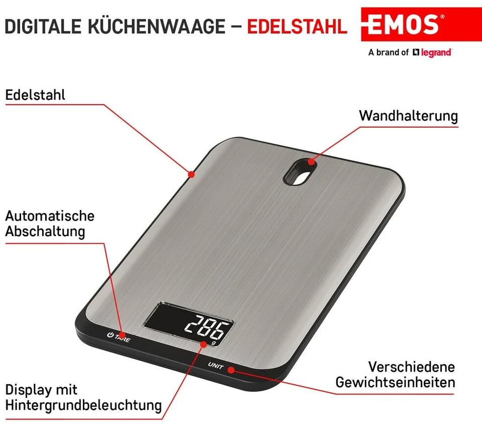 Emos - Skaitmeninės virtuvinės svarstyklės su sieniniu laikikliu - pagamintos iš nerūdijančio plieno - maksimalus svoris 10 kg, tikslumas iki 1 g - taros funkcija, lcd ekranas, su baterijomis - reguliuojamas g, kg, ml, oz, lb, tl -