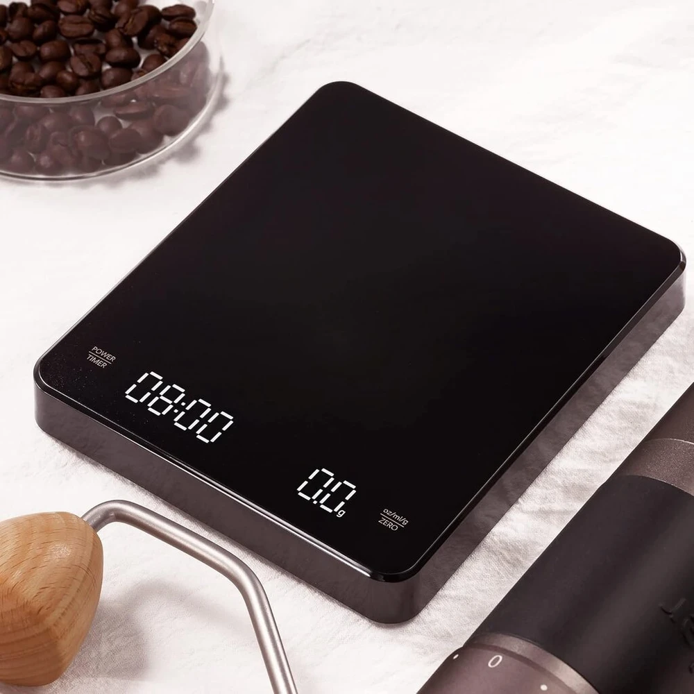 Virtuvinės svarstyklės Empo Skaitmeninės kavos svarstyklės su laikmačiu - espresso ruošimo svarstyklės, kepimo virtuvės svarstyklės, espresso svarstyklės, automatinis laikmatis 3000 g (18.4 x 14.2 x 3.4)