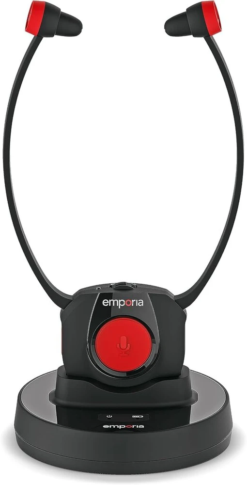 Emporia belaidės televizoriaus ausinės su įkrovimo stotele, idealiai tinka senjorams, patogios ir paprastos, lengvai naudojamos, suderinamos su visais televizoriais, juodos ir raudonos spalvos
