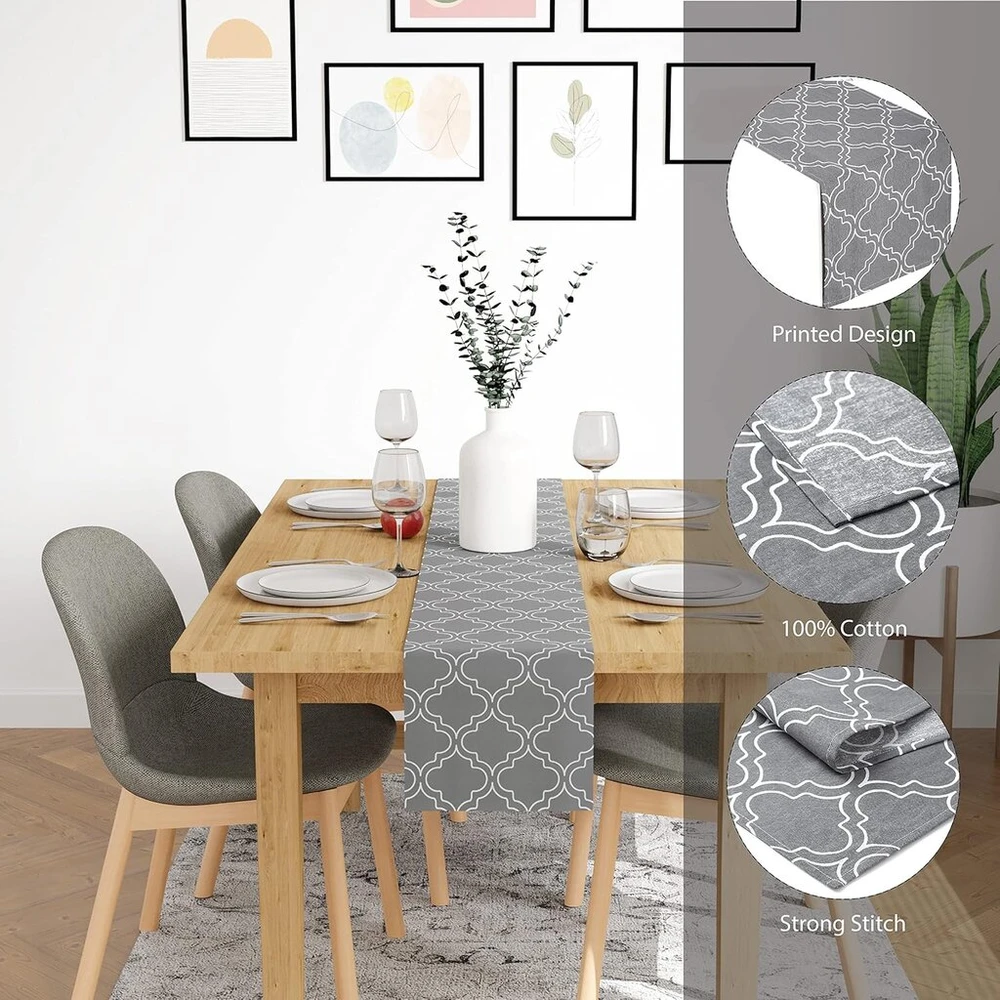 Encasa stalo takelis 4-6 vietų stalui, geometrinis pilkų plytelių raštas, aukščiausios kokybės medvilnė, dydis 32 x 183 cm, dekoratyvinis Kalėdoms, Padėkos dienai, vakarėliams, restoranams ir namams, skalbiamas