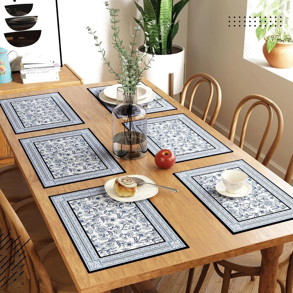 Encasa Xo valgomojo stalo padėkliukų rinkinys iš 6 dalių | Indigo-02 blokinis margintas medvilninis kanvos padėkliukas – 46 x 32 cm | Jaipur Sanganeri rankų darbo marginimas