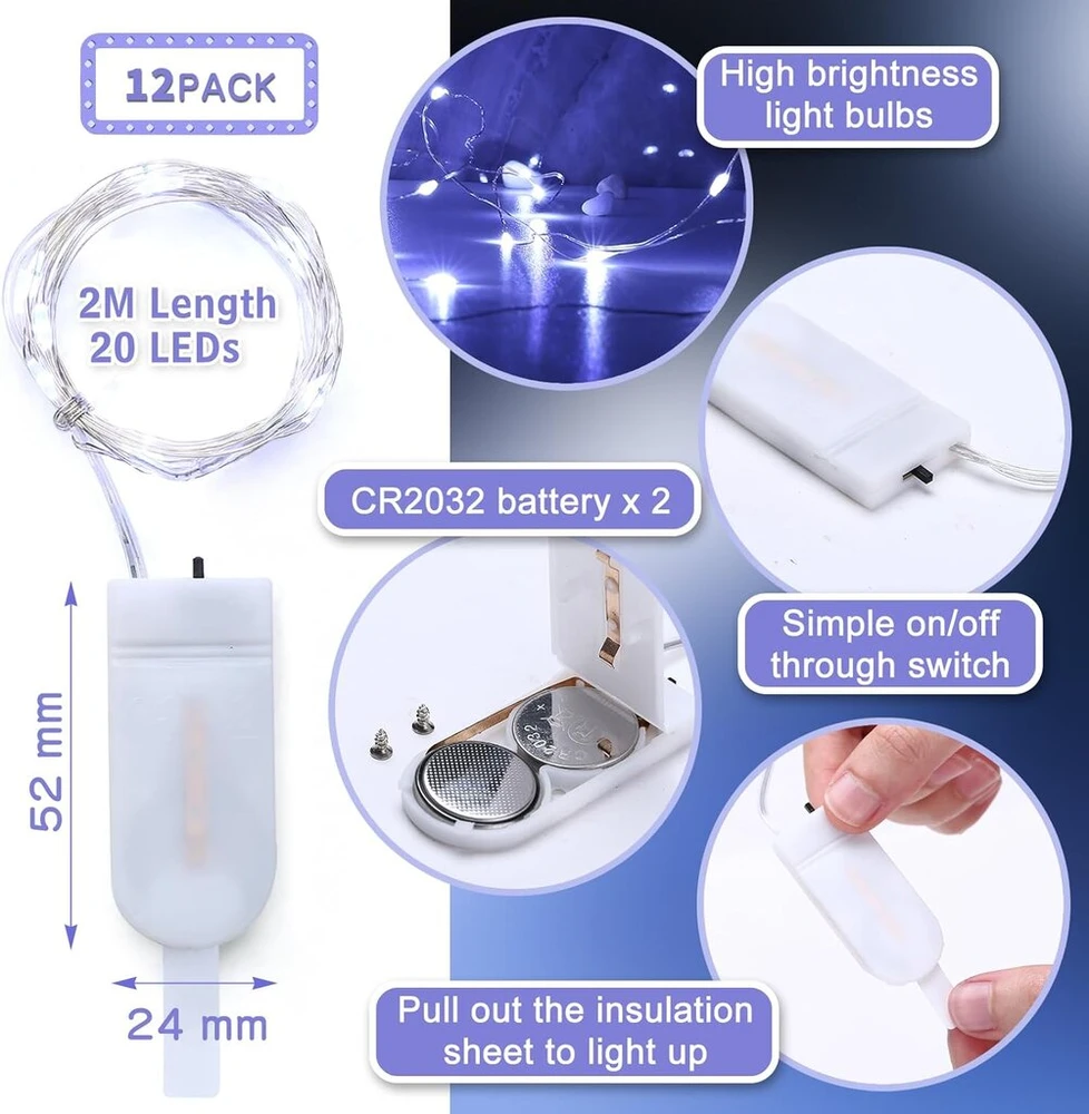 Encham 12 vnt. kalėdinių lempučių rinkinys, baltos spalvos varinės vielos lemputės, 2 m, 20 led, su baterijomis, skirtos vakarėliams, Kalėdoms, Helovinui, vestuvėms, vidaus ir lauko dekoracijoms