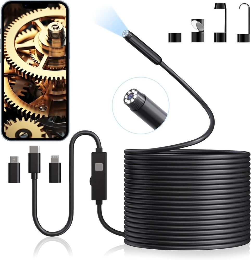 Endoskopinė kamera su apšvietimu 10 m, Aopick 1920 Hd endoskopinė kamera mobiliajam telefonui su 8 Led lemputėmis, vandeniui atspari Ip67 inspekcinė kamera be Wifi, skirta Android ir Ios, planšetiniam kompiuteriui (32,8