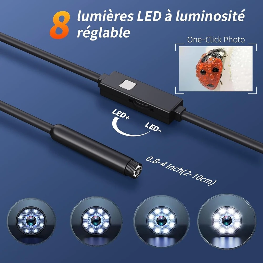 Endoskopinė kamera su apšvietimu 10 m, Aopick 1920 Hd endoskopinė kamera mobiliajam telefonui su 8 Led lemputėmis, vandeniui atspari Ip67 inspekcinė kamera be Wifi, skirta Android ir Ios, planšetiniam kompiuteriui (32,8