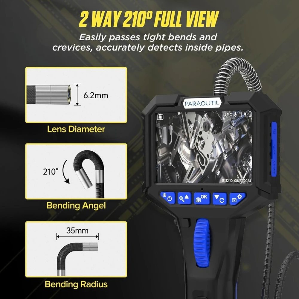 Endoskopinė kamera su apšvietimu, 1080p 3,5 colio endoskopinė inspekcinė kamera, ip67 pramoninis endoskopas 210° dvipusis pasukamas 6,2 mm endoskopas