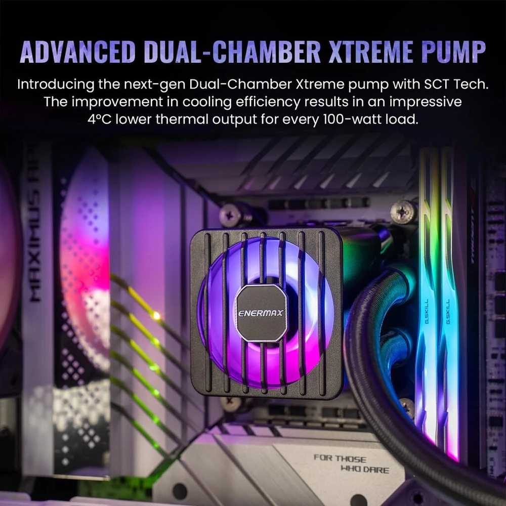 Enermax Liqmaxflo 240 mm cpu aio skysto aušinimo sistema (lga 1700, 1200, am5, am4) - xtreme dual chamber siurblys - argb vrm vandens bloko ventiliatorius - 380w+ tdp (2x 120 pwm argb silent flow ventiliatorius); elc-lmf240t-argb, juoda