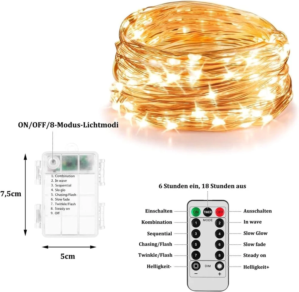 Enlace led girliandos su baterijomis, 10 m, 100 led girliandų, 8 režimai su nuotolinio valdymo pulteliu, ip65 atsparios vandeniui girliandos, viela vidaus, lauko, vestuvių, kalėdų vakarėlio dekoravimui, šilta balta