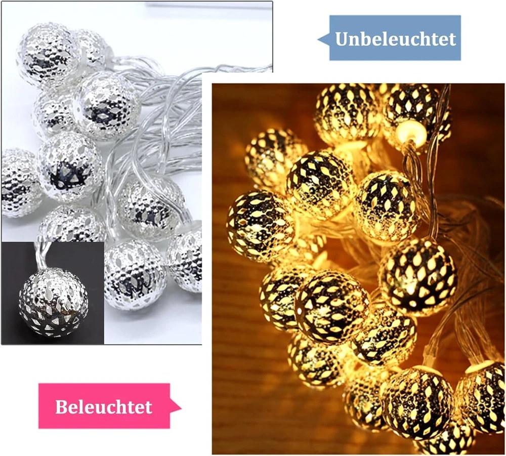 Enlace marokietiškos dekoratyvinės lemputės, 3 m, 20 led metalinių kamuoliukų, dekoratyvinės lemputės, maitinamos baterijomis, marokietiškos dekoratyvinės lemputės vidaus ir lauko vestuvių kalėdų gimtadienio vakarėlio dekoravimui, šilta balta