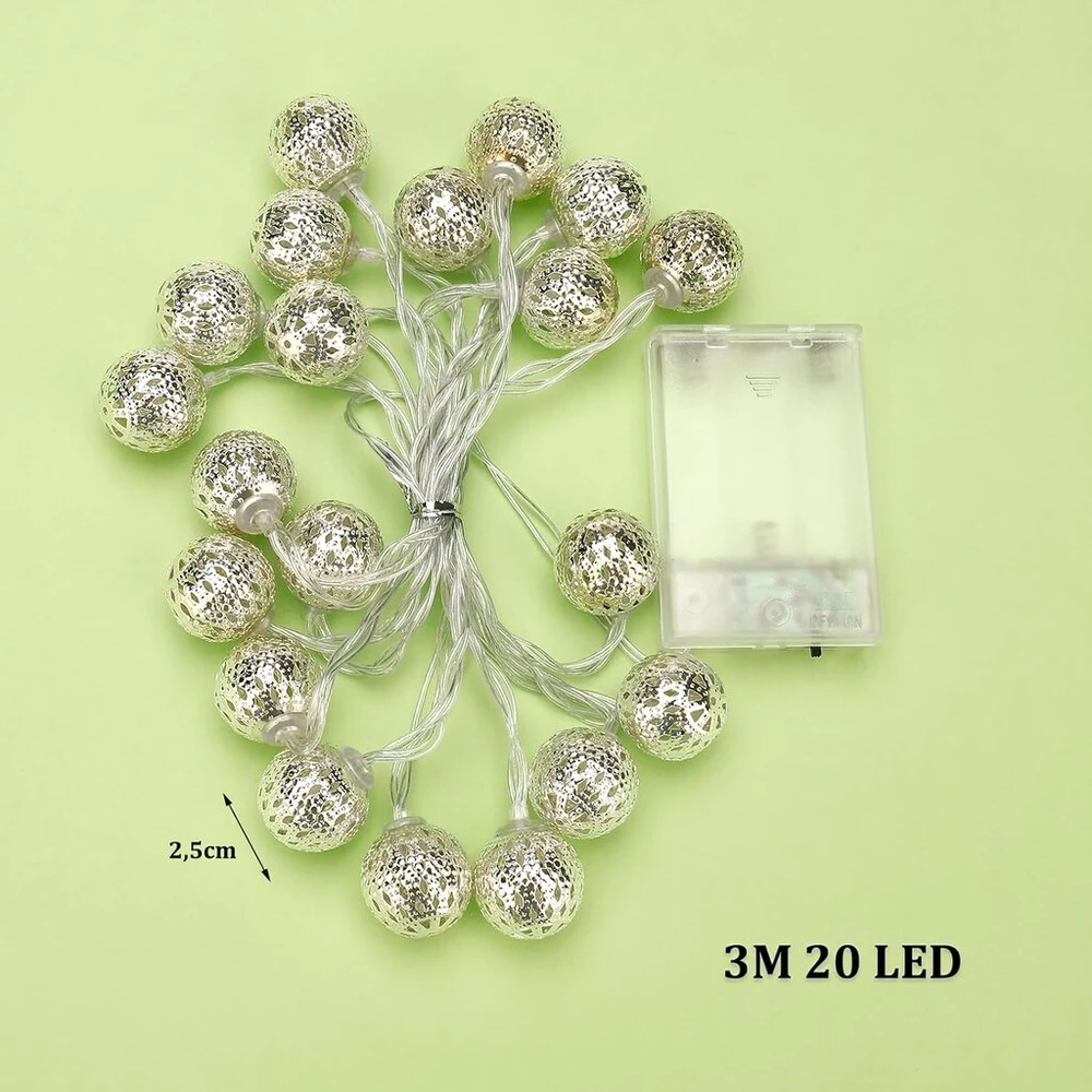 Enlace marokietiškos dekoratyvinės lemputės, 3 m, 20 led metalinių kamuoliukų, dekoratyvinės lemputės, maitinamos baterijomis, marokietiškos dekoratyvinės lemputės vidaus ir lauko vestuvių kalėdų gimtadienio vakarėlio dekoravimui, šilta balta
