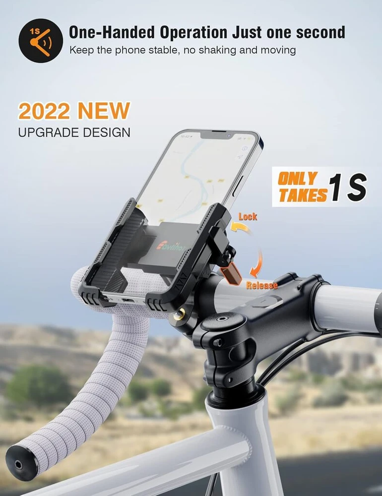 Eowihor universalus telefono laikiklis dviračiui, motociklui su 360° pasukamu telefono laikikliu, skirtas 4.0-7.0 colių išmaniesiems telefonams