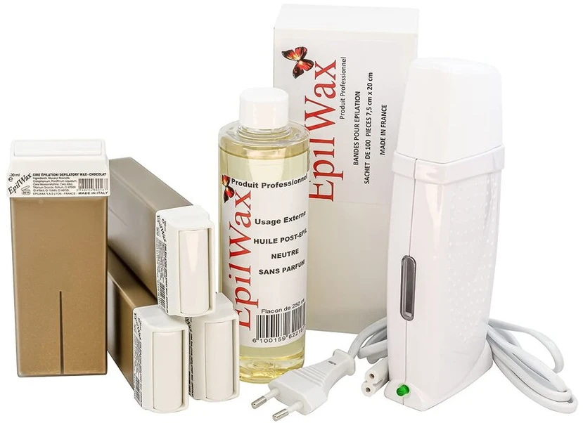 Epilwax Royal pilnas epiliacijos rinkinys su: profesionalus vaško šildytuvas, 4 roll-on vaškai 100 ml chocolat, 100 epiliacijos juostelių, 1 buteliukas 250 ml aliejaus po epiliacijos (royal Series Chocolat 4)