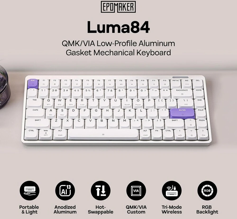 Epomaker Luma84 žemo profilio aliumininė mechaninė klaviatūra, programuojama Qmk/via, trijų režimų belaidė, suderinama su Win/mac/linux, Rgb apšvietimas (balta ir violetinė, Gateron Low Profile Raudona Switch)