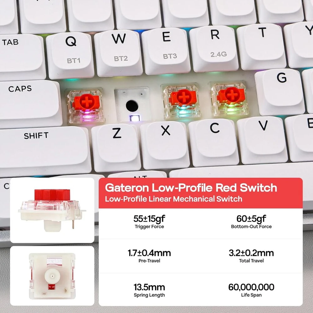 Epomaker Luma84 žemo profilio aliumininė mechaninė klaviatūra, programuojama Qmk/via, trijų režimų belaidė, suderinama su Win/mac/linux, Rgb apšvietimas (balta ir violetinė, Gateron Low Profile Raudona Switch)