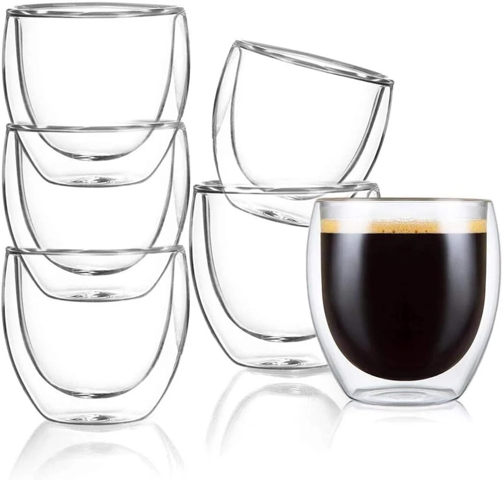Erbo 6 espresso puodelių rinkinys, 80 ml dvigubų sienelių espresso puodeliai, espresso stiklinės, dvigubų sienelių, espresso puodelis, galima plauti indaplovėje, kavos puodelis espresso macchiato ristretto