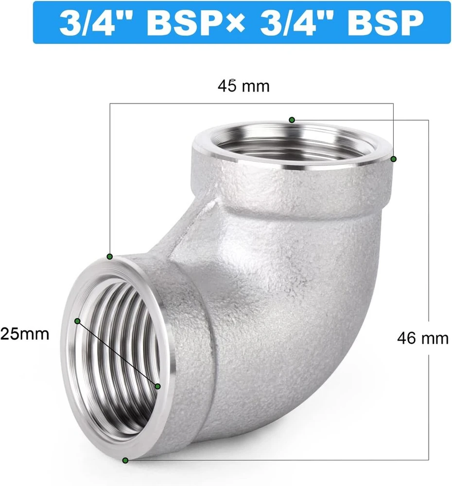 Ventiliatorius Ergaoboy 5 vnt. 304 nerūdijančio plieno 90 laipsnių kampo jungtys, 3/4" x 3/4" bsp vamzdžių jungiamosios detalės su vidiniu sriegiu