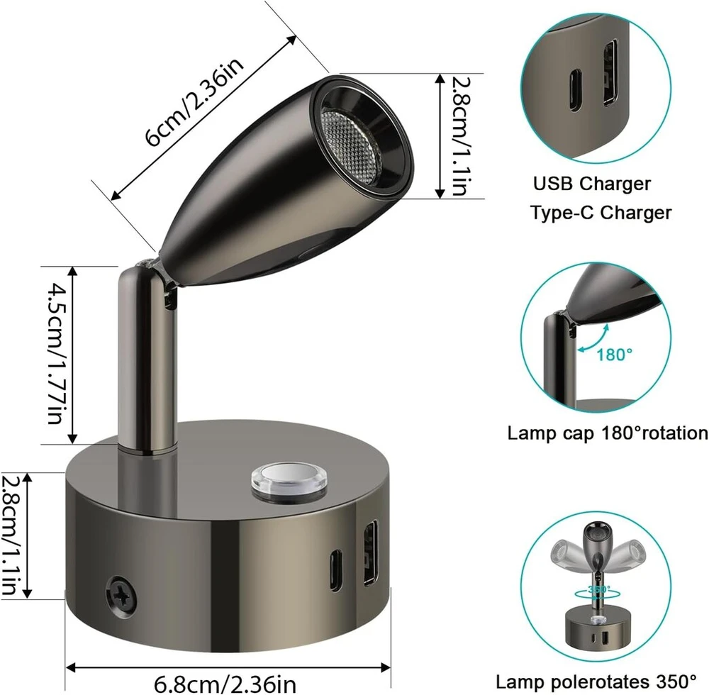 Lova Erwey 2 vnt. Dc 12 V skaitymo lempos, montuojamos ant sienos kemperyje, led lovos lempa, pritemdoma jutikliniu būdu ir 3 spalvų temperatūros režimai bei Usb A+c įkrovimo prievadas valčiai, automobiliui, kemperiui, furgonui, jachtai, nameliui ant ratų, bli