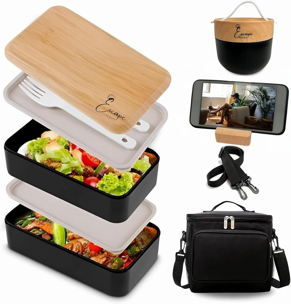 Escape serenity Bento pietų dėžutė, juoda, 2 aukštų su dubeniu, stalo įrankiais, mažu šaltkrepšiu ir mediniu telefono laikikliu - praktiška šalta dėžutė maistui darbe