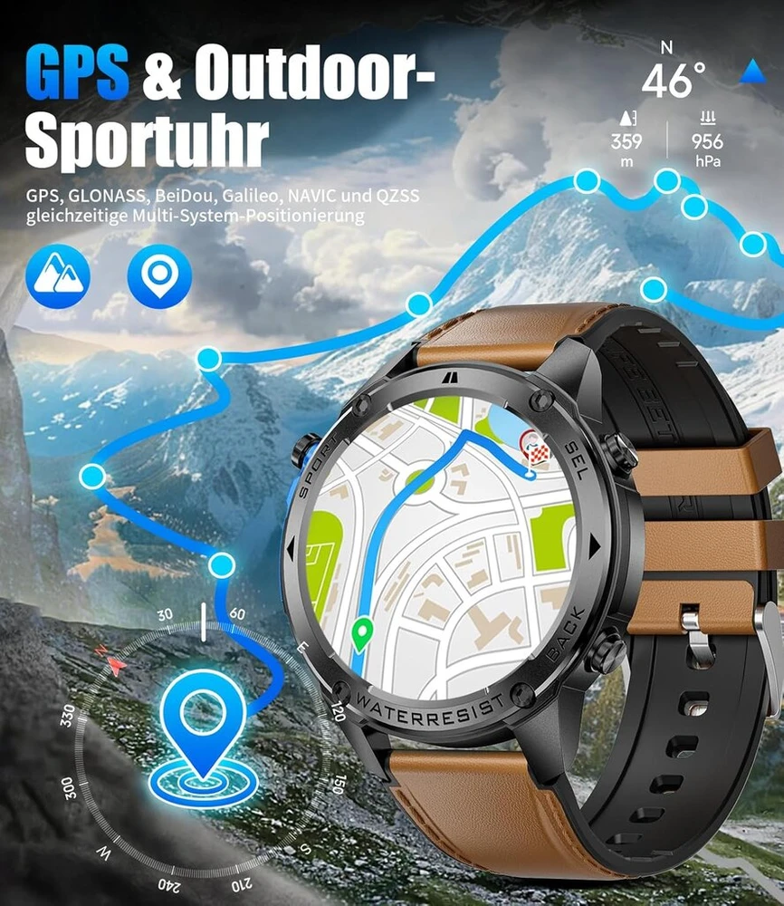 Esfoe karinis išmanusis laikrodis vyrams 48 mm, Gps/5atm ir Ip69k atsparus vandeniui, 45+ dienų baterijos veikimo laikas, 1.43 colio amoled išmanusis laikrodis vyrams su telefono funkcija, kompasas, barometras, širdies ritmas, 170+ sporto režimų