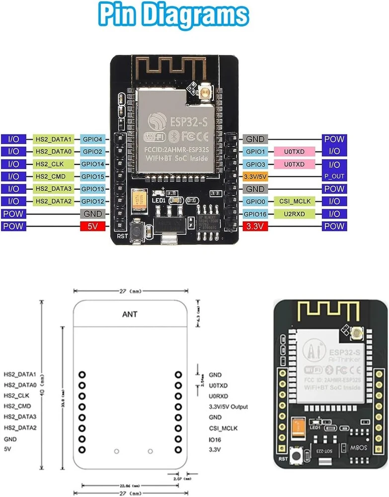 Esp32-cam wifi bluetooth modulis binghe 2 vnt. esp32-cam kūrimo plokštė su ov2640 kamara moduliu + 2.4g išorinė antena + esp32-cam-cm programavimo modulis su mini usb, suderinamas su arduino
