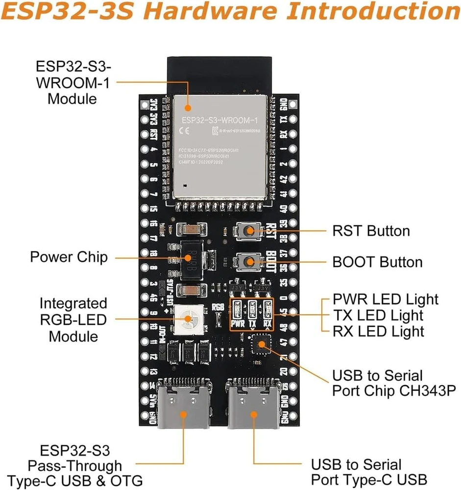 Esp32-s3-devkitc-1-n16r8 Esp32-s3 kūrimo plokštė Aywhp Wi-fi + Ble Mcu modulis, pilnai integruotas, suderinamas su Arduino (5 vnt.)