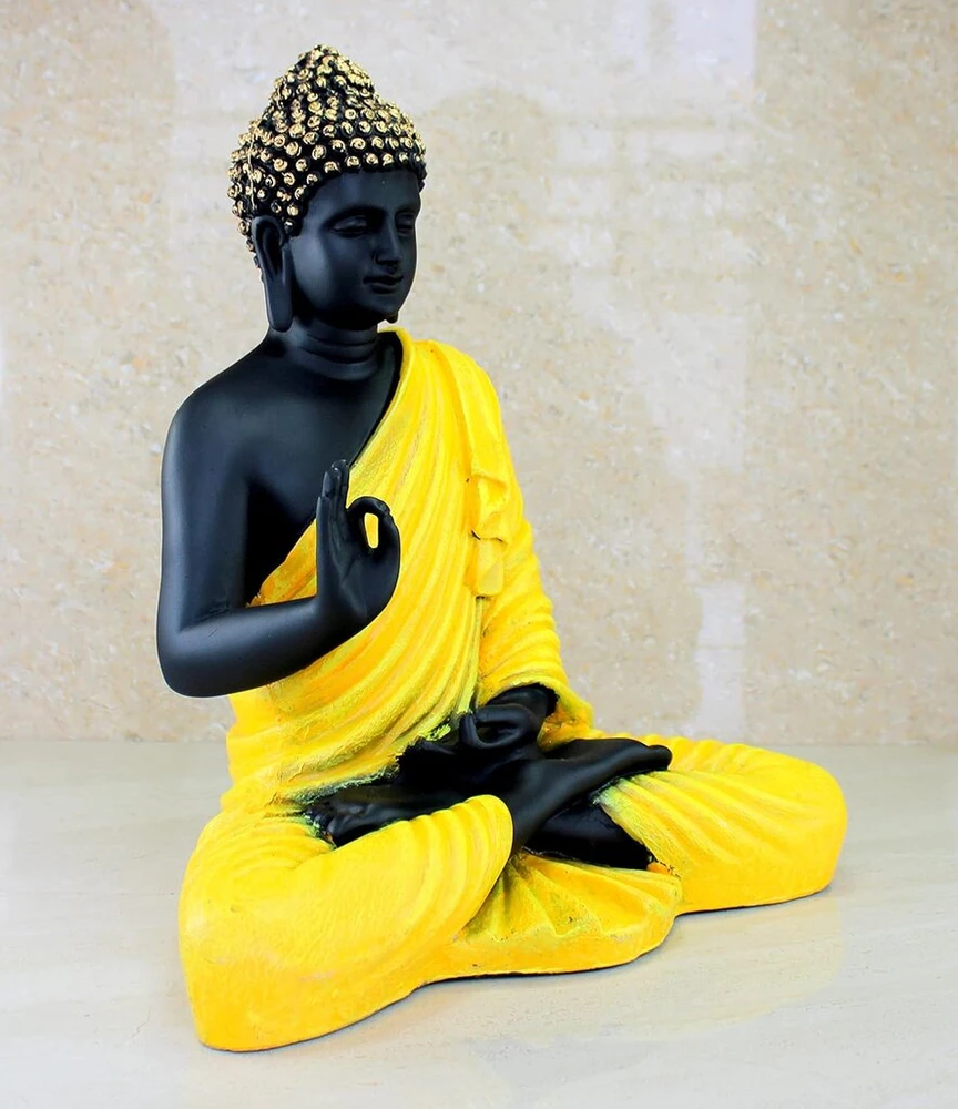 Esplanade medituojantis buda polirezino namų dekoro stabas statula murti 35.5cm aukščio geltona