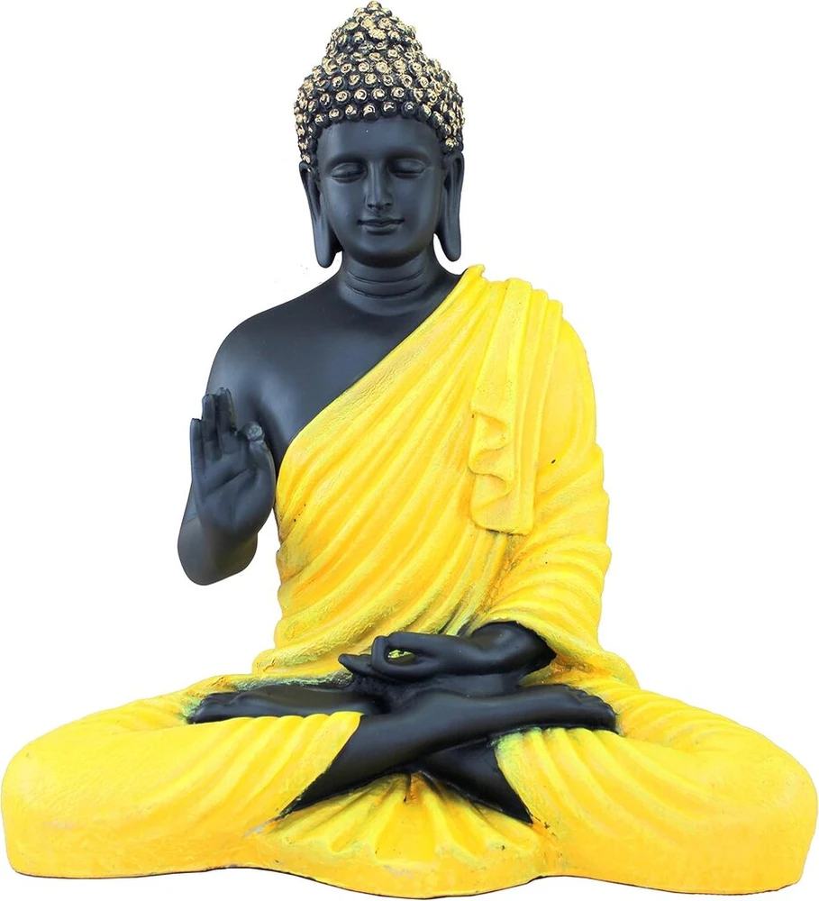 Esplanade medituojantis buda polirezino namų dekoro stabas statula murti 35.5cm aukščio geltona