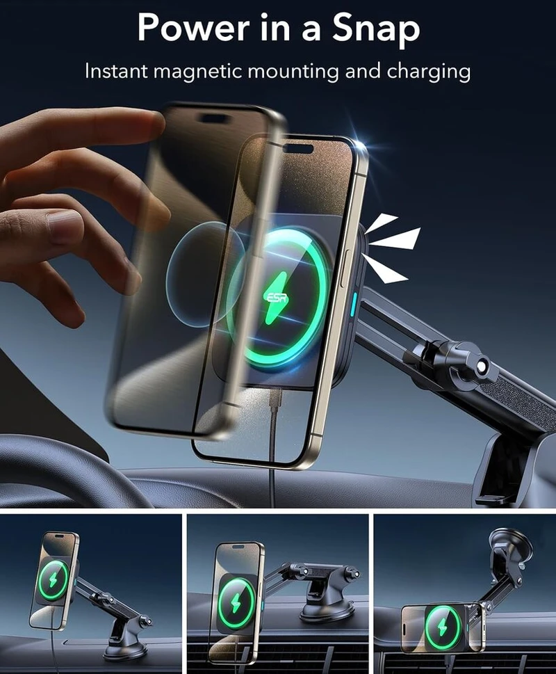 Esr Halolock belaidis automobilinis įkroviklis tvirtinamas ant prietaisų skydelio, 7.5w, su magnetiniu sulygiavimu ir snap, suderinamas su iphone 12, 12 pro, 12 mini, 12 pro max, juodas