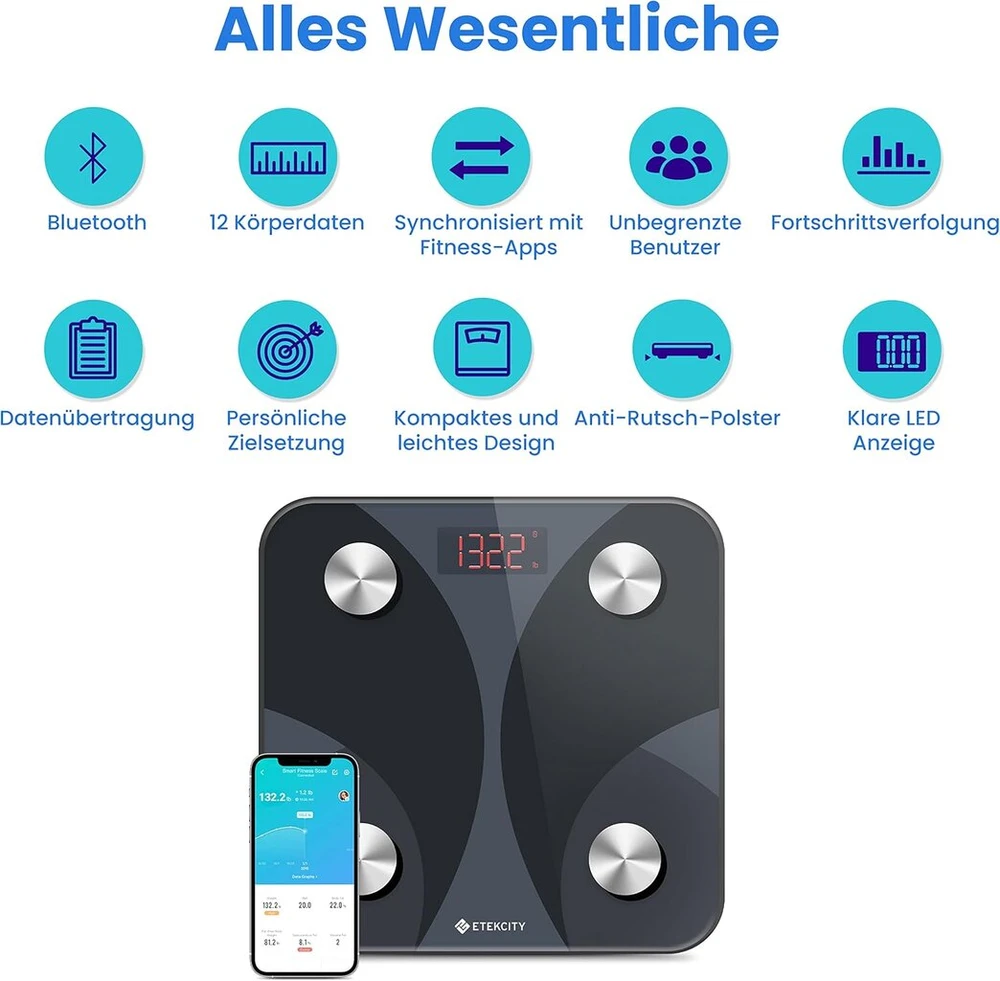Etekcity Fit8s kūno riebalų svarstyklės skaitmeninės su programėle, išmaniosios svarstyklės su kūno riebalų ir raumenų mase, bluetooth kūno analizės svarstyklės kūno masės indeksui, proteinams, 180 kg / 0,05 kg, juodos