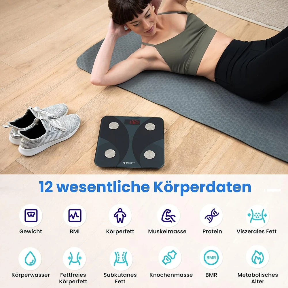 Etekcity Fit8s kūno riebalų svarstyklės skaitmeninės su programėle, išmaniosios svarstyklės su kūno riebalų ir raumenų mase, bluetooth kūno analizės svarstyklės kūno masės indeksui, proteinams, 180 kg / 0,05 kg, juodos