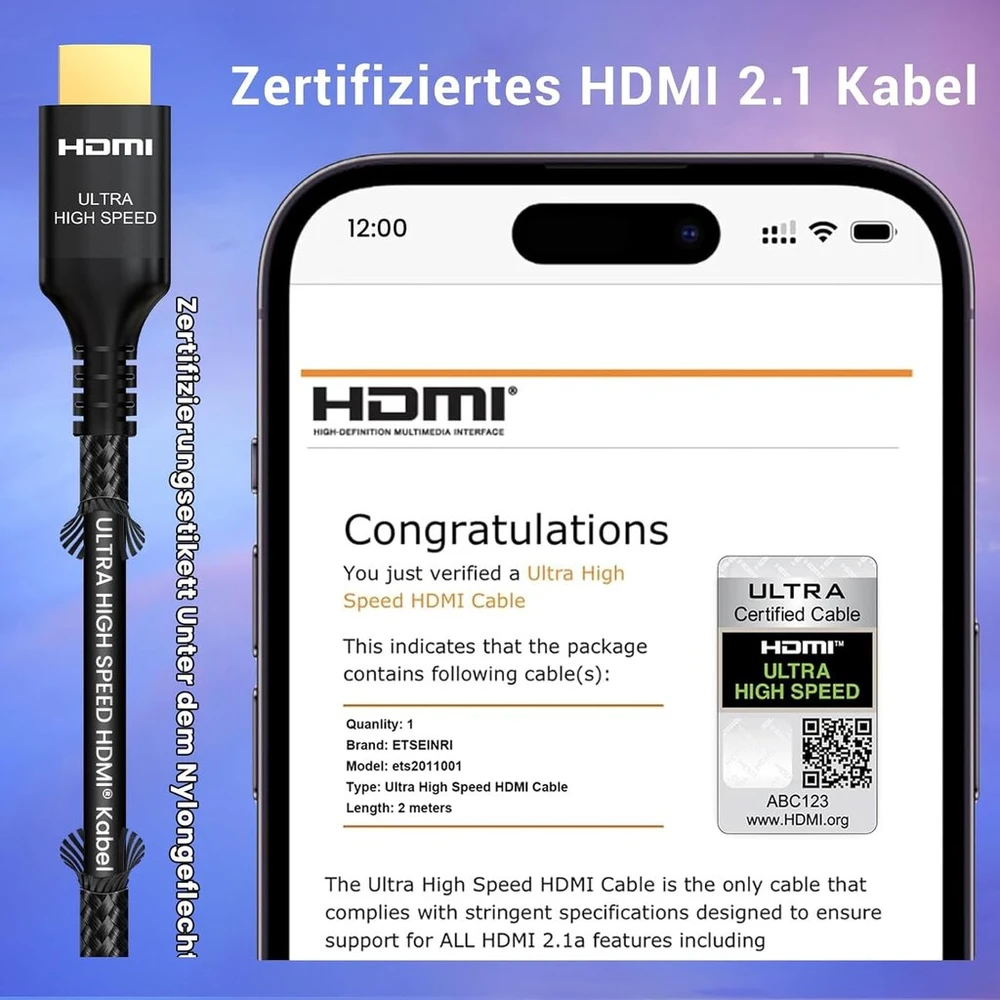 Etseinri 8k 4k Hdmi 2.1 kabelis 3m, sertifikuotas 48gbps itin didelės spartos hdmi kabelis 4k 120hz 8k 60hz 10k earc hdcp 2.2&2.3 dynamic hdr dolby atmos, suderinamas su ps5 XBOX hdtv monitoriumi