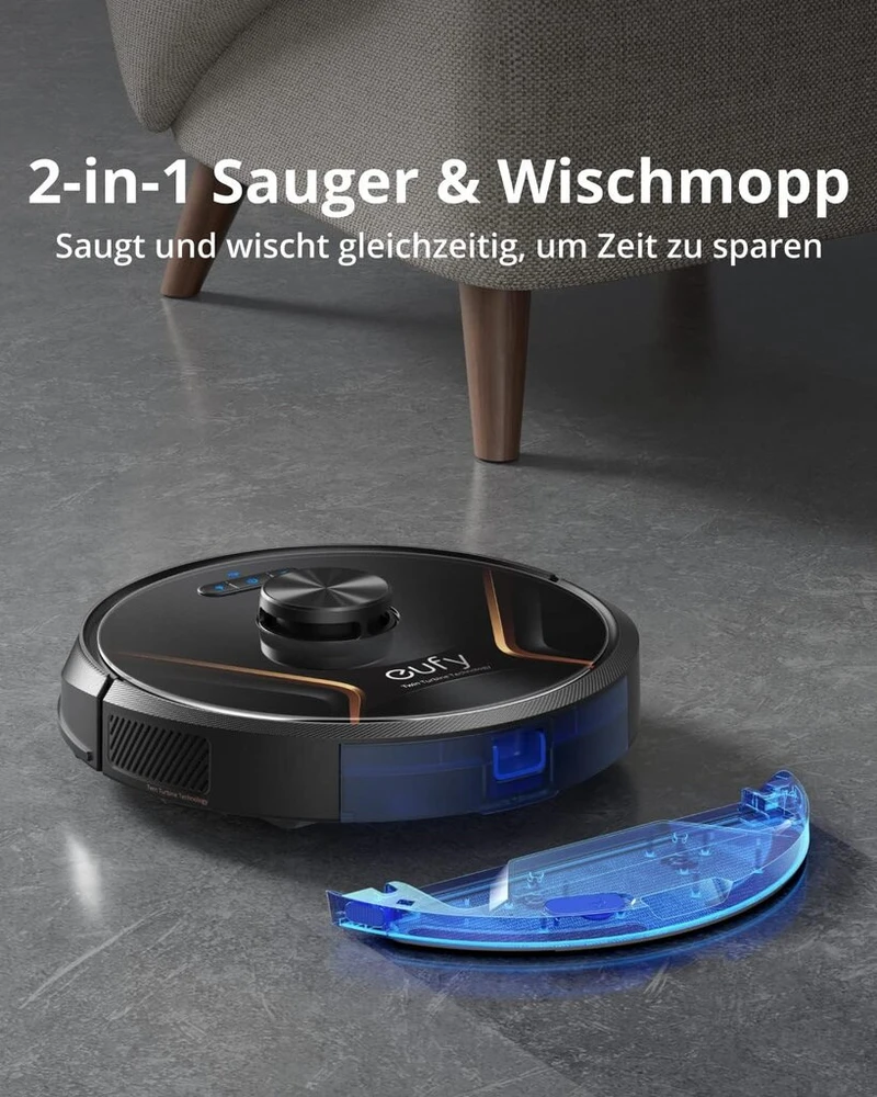 Eufy Robovac X8 Hybrid, 2 x 2000 Pa siurbimo galia, Ipath lazerinė navigacija, 2-in-1 dulkių siurblys ir šluota, Ai. Map 2.0 technologija, Twin Turbine technologija, Wifi funkcija