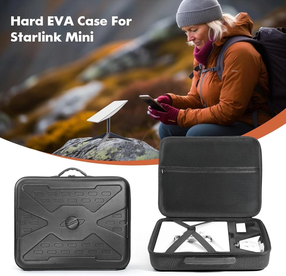 Eugoocx kietas kelioninis dėklas, skirtas starlink mini, atsparus vandeniui, smūgiams atsparus kietas nešiojimo dėklas, skirtas laikyti mini starlink stovo vamzdžio adapterio kabelio maitinimo šaltinio priedus, juodas kietas dėklas