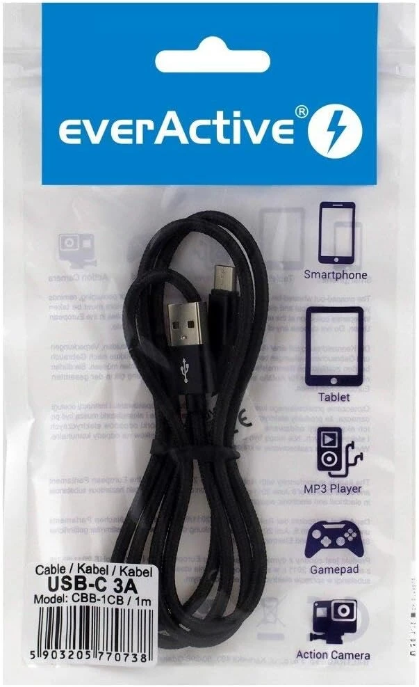 Everactive Cbb-1cb Usb C tipo C nailono kabelis greitas įkrovimas iki 3a 100cm juodas