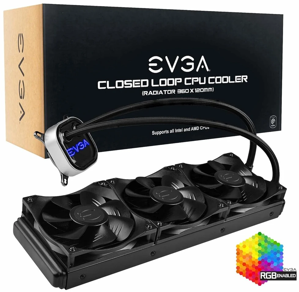 Evga clc 360 mm all-in-one rgb led cpu skystinis aušintuvas, 3 x fx12 120 mm pwm ventiliatoriai, intel, amd, 400-hy-cl36-v1