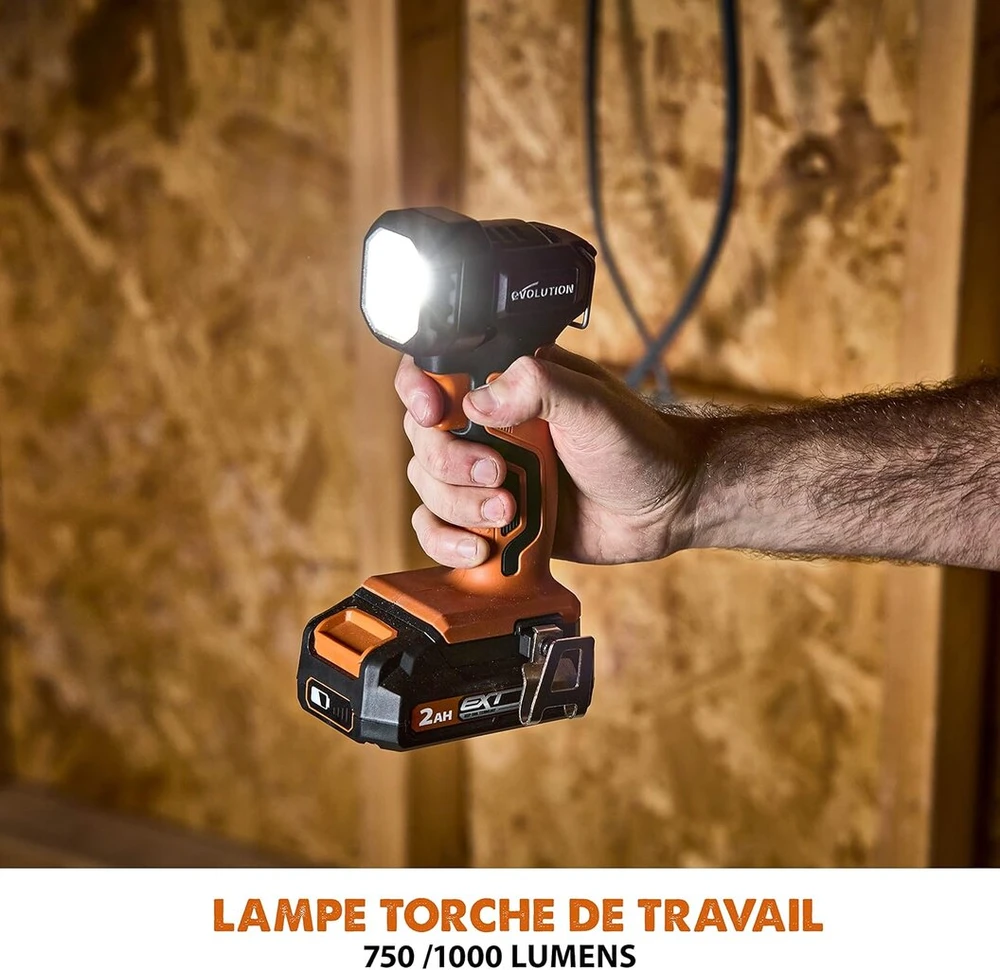 Valiklis Evolution Power Tools R1000tor - nešiojamas belaidis led darbo žibintas - įkraunamas žibintas, 750/1000 liumenų, 18v ličio jonų. Baterija nepridedama.