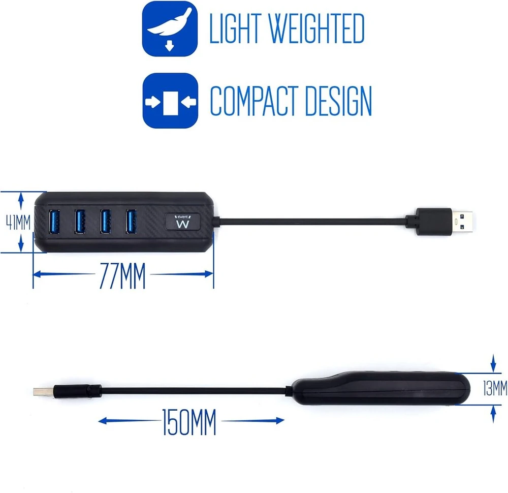 Ewent Ew1138 usb 3.2 gen1 (usb 3.0) 4-portų usb šakotuvas type a - superspeed, skirtas 5 gbit didelės spartos perdavimui, usb 3.0 šakotuvas, juodas