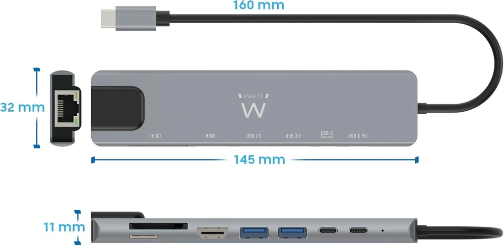 Ewent usb-c hdmi 8-in-1 šakotuvas, usb-c į doką multiport 8-in-1, usb c šakotuvas su 1000mbps ethernet, hdmi 4k, 1 usb-c pd prievadas, 1 usb-c prievadas, 2 usb-a prievadai, 1 lan prievadas, 1 sd/tf kortelių skaitytuvas, aliuminis