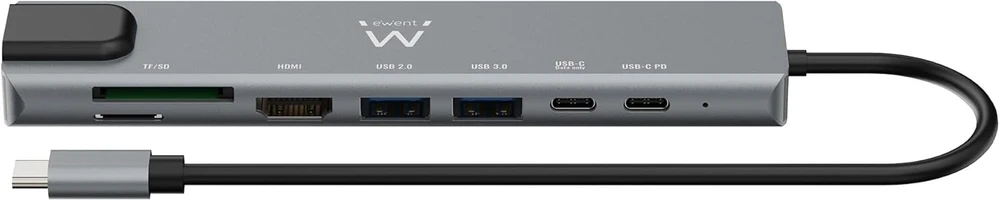 Ewent usb-c hdmi 8-in-1 šakotuvas, usb-c į doką multiport 8-in-1, usb c šakotuvas su 1000mbps ethernet, hdmi 4k, 1 usb-c pd prievadas, 1 usb-c prievadas, 2 usb-a prievadai, 1 lan prievadas, 1 sd/tf kortelių skaitytuvas, aliuminis