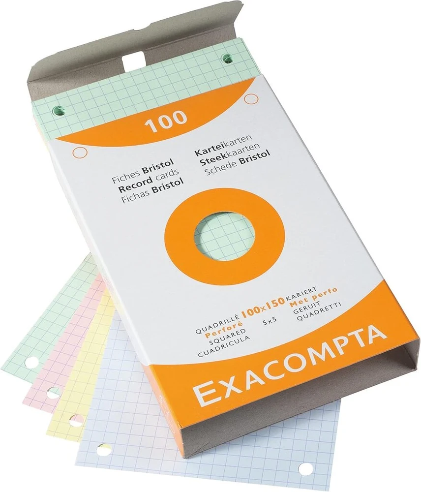 Exacompta 100 baltų indeksinių kortelių + 100 skirtingų spalvų indeksinių kortelių, languotos, 5 x 5 perforuotos, 100 x 150 mm + 1 indeksas, lipnus Blumie (13602e+13652e)