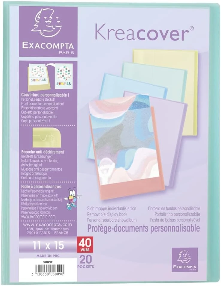 Exacompta 5809e Kreacover pastelinis plastikinis aplankas su kišenėlėmis, 11 x 15 cm su 20 skaidrių kišenių, 40 puslapių, puikiai tinka mokyklai ir biurui, dokumentų viršelis, 1 vienetas, atsitiktinė spalva
